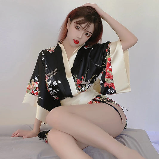 Kimono Court Sexy Satin Floral Polyester Femme