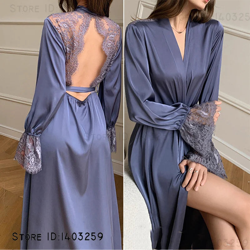 Peignoir Satin Soie Glacée Dos Dénudé Femme