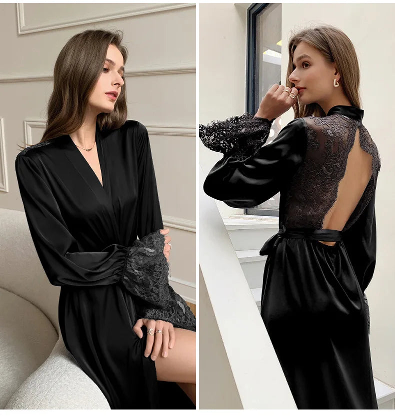 Peignoir Satin Soie Glacée Dos Dénudé Femme