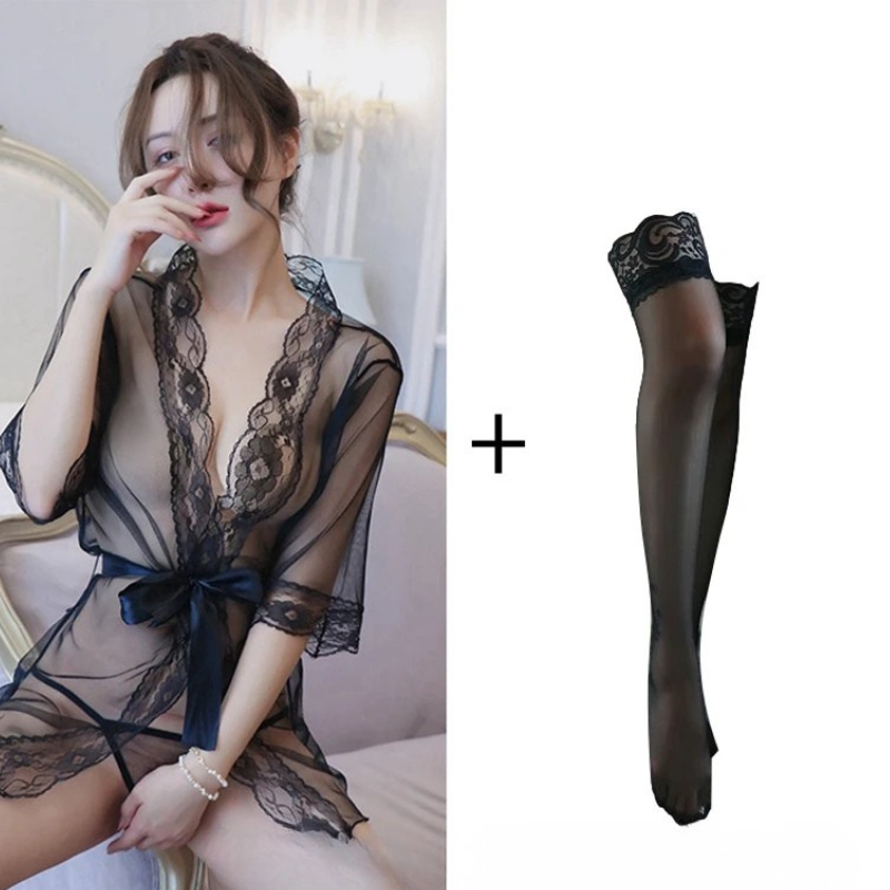 Peignoir Ultra Sexy et Transparent Polyester/Élasthanne + Bas