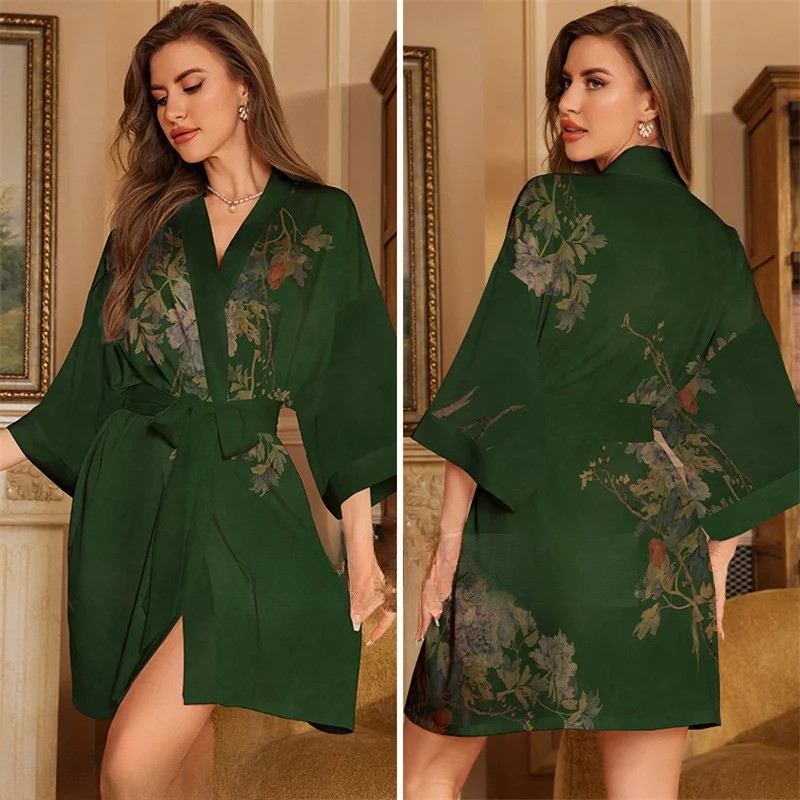Peignoir Femme grande taille Satin Fleurs Vert Émeraude