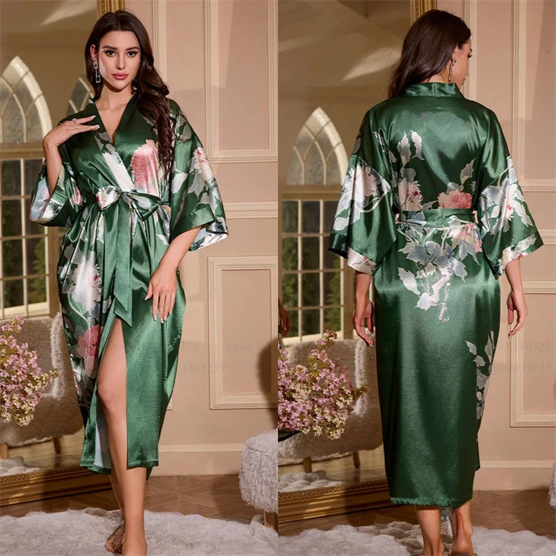 Peignoir Femme Vert Olive Soie Glacée Pivoines Douces