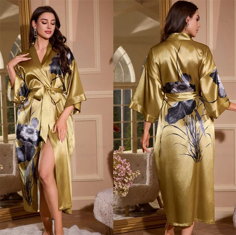 Peignoir Femme Doré Soie Glacée Pivoines Noires