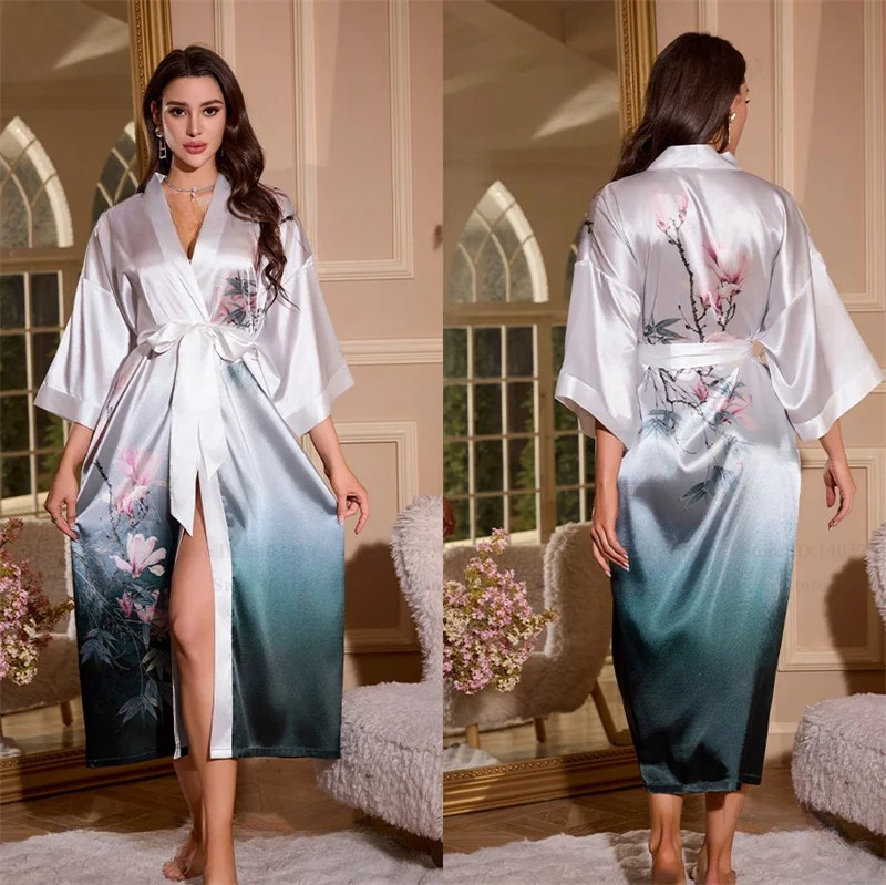 Peignoir Femme Vert/Blanc Soie Glacée Sakura