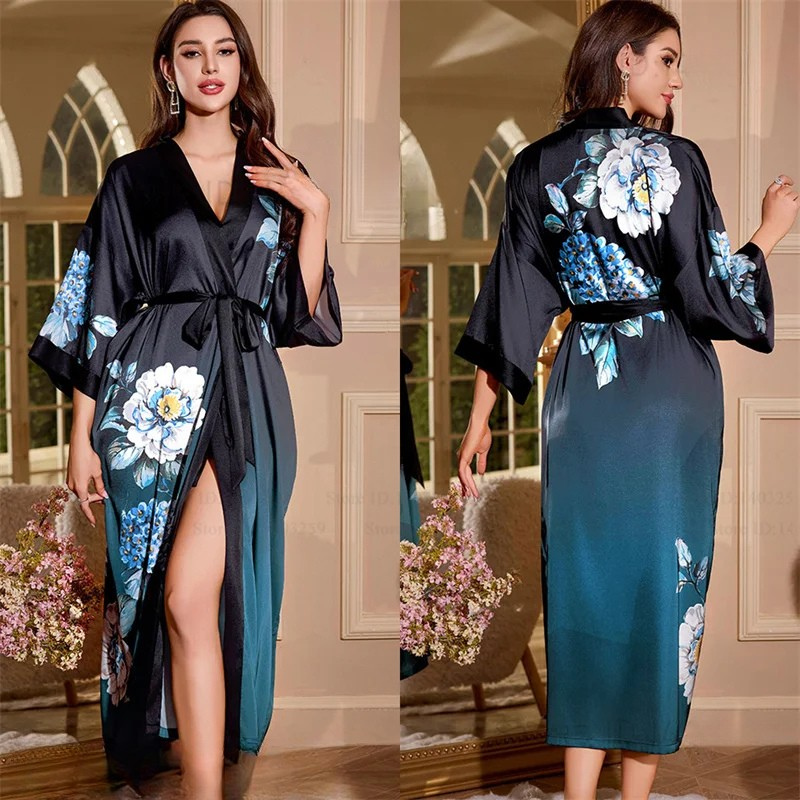 Peignoir Femme Bleu nuit Soie Glacée Pivoines Japonaises
