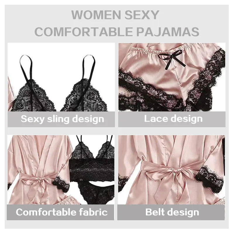 Peignoir sexy 4 pièces pour Femme en satin de soie