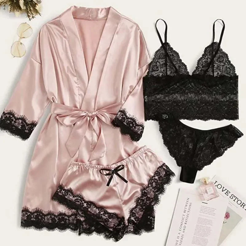 Peignoir sexy 4 pièces pour Femme en satin de soie