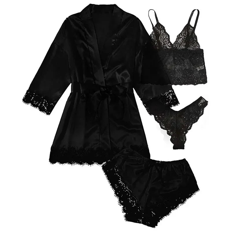 Peignoir sexy 4 pièces pour Femme en satin de soie