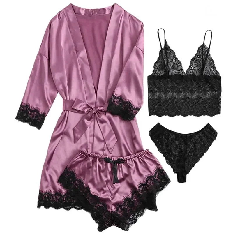 Peignoir sexy 4 pièces pour Femme en satin de soie