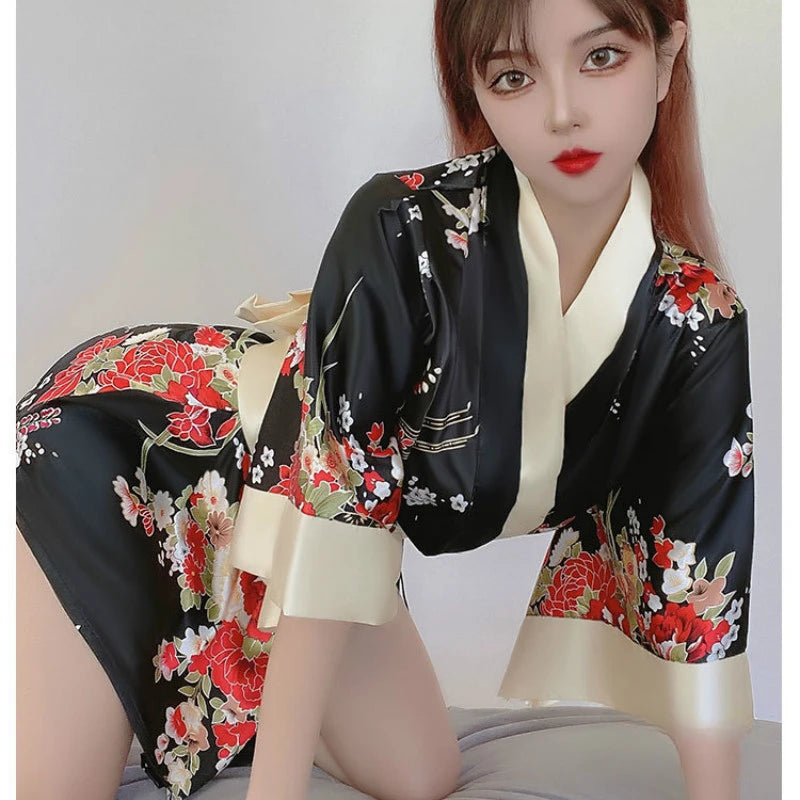 Kimono Court Sexy Satin Floral Polyester Femme