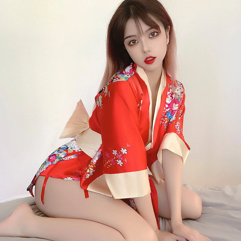 Kimono Court Sexy Satin Floral Polyester Femme