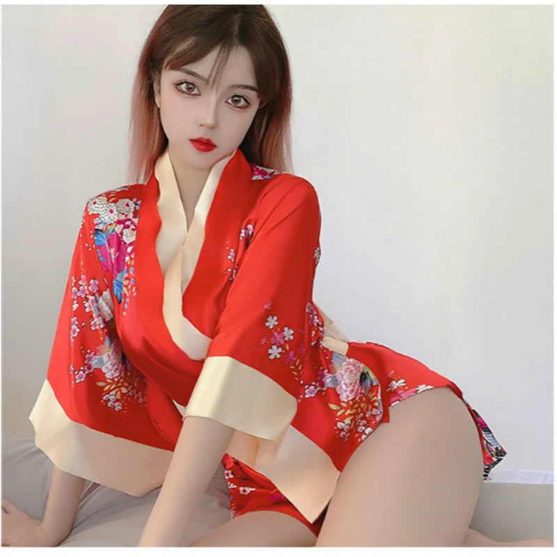 Kimono Court Sexy Satin Floral Polyester Femme