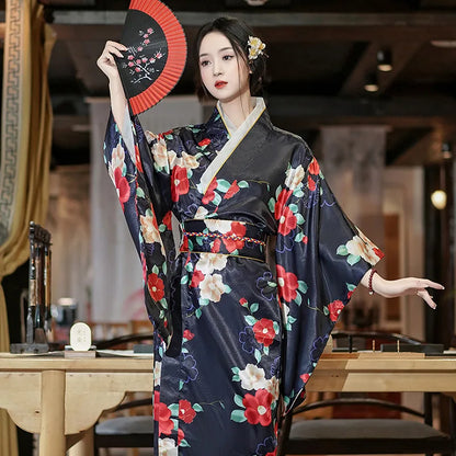 Kimono Japonais Satin Floral Polyester Femme