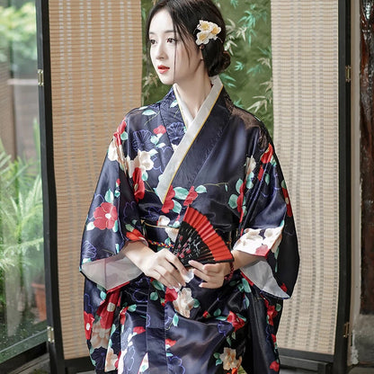 Kimono Japonais Satin Floral Polyester Femme