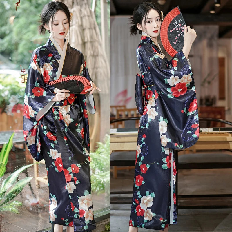Kimono Japonais Satin Floral Polyester Femme