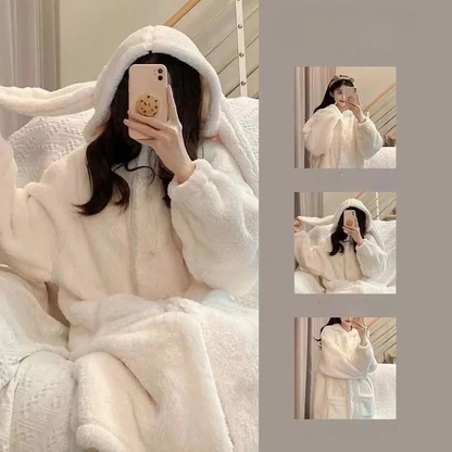 Peignoir Femme capuche Lapin Polaire Corail