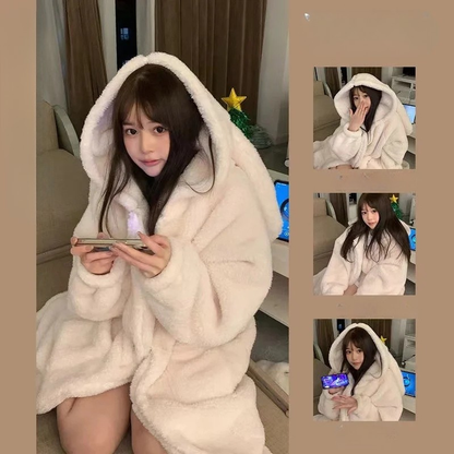 Peignoir Femme capuche Lapin Polaire Corail