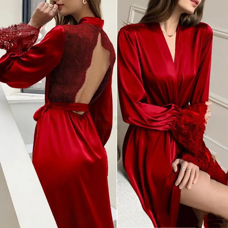 Peignoir Femme Satin Soie Glacée Dos Dénudé