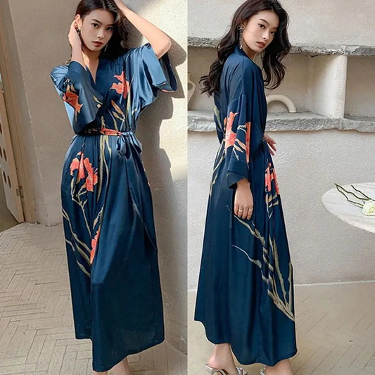 Peignoir Femme Floral Bleu Marine Camélias Orange