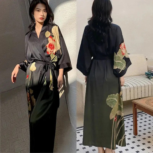 Peignoir Femme Floral Noir Vert Lotus