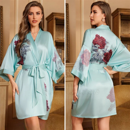 Peignoir Femme grande taille Satin Pivoine céleste