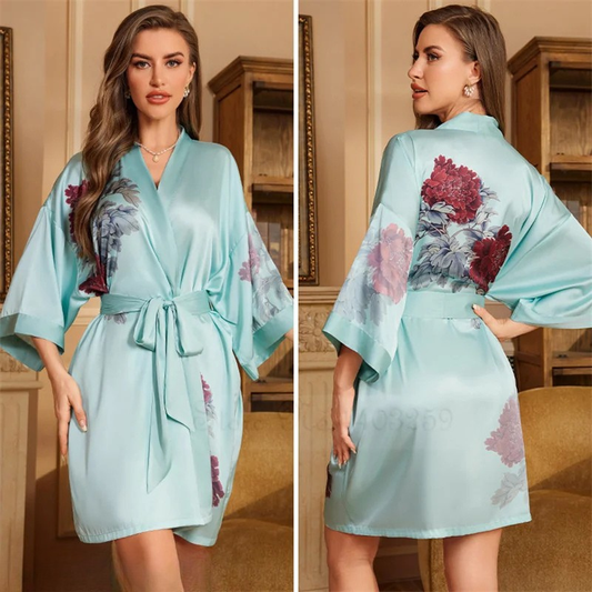 Peignoir Femme grande taille Satin Pivoine céleste