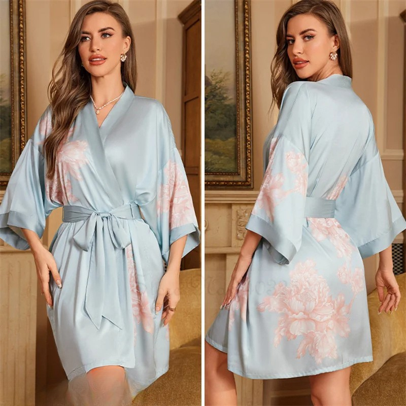 Peignoir Femme grande taille Satin Pivoines Ciel