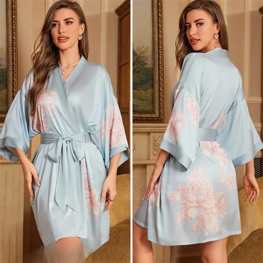 Peignoir Femme grande taille Satin Pivoines Ciel