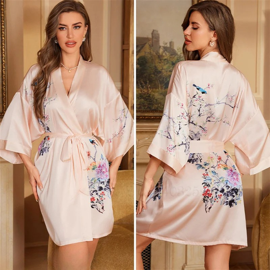 Peignoir Femme grande taille Satin Oiseaux Sakura