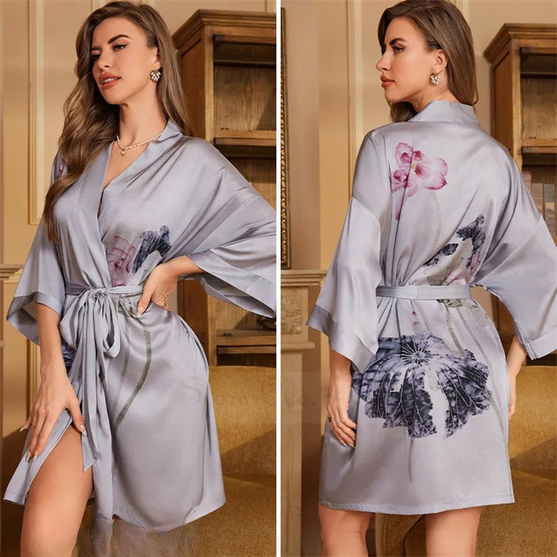 Peignoir Femme grande taille Satin Gris Bleuté Floral