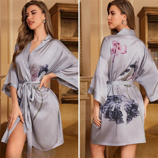 Peignoir Femme grande taille Satin Gris Bleuté Floral