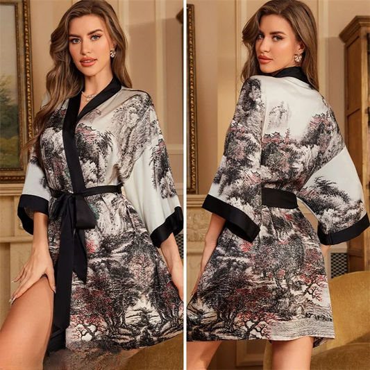 Peignoir Femme grande taille Satin Forêt Japonaise