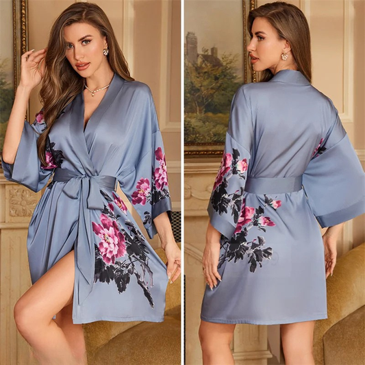Peignoir Femme grande taille Satin Bleu Pivoines