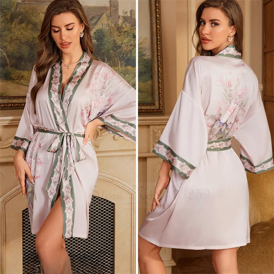 Peignoir Femme grande taille Satin Fleurs Rose Pâle