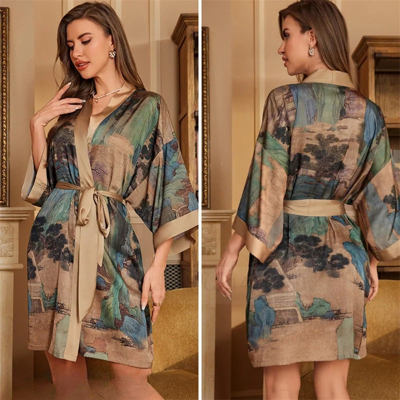 Peignoir Femme grande taille Satin Jardin impressionniste
