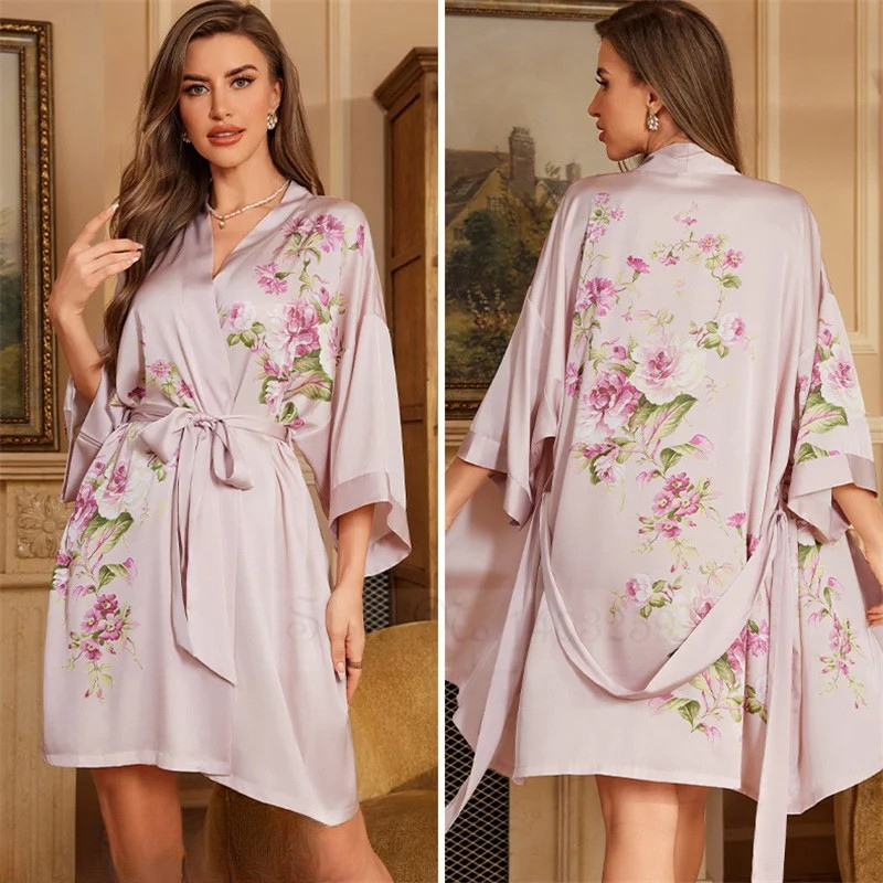 Peignoir Femme grande taille Satin Fleurs Roses Délicates