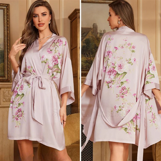 Peignoir Femme grande taille Satin Fleurs Roses Délicates