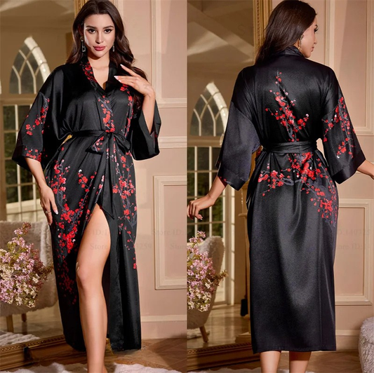 Peignoir Femme Noir Soie Glacée Fleurs de Cerisiers