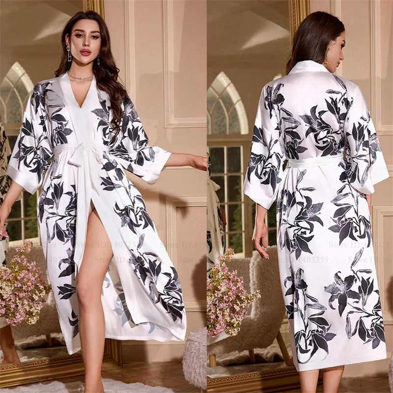 Peignoir Femme Blanc Soie Glacée Floral