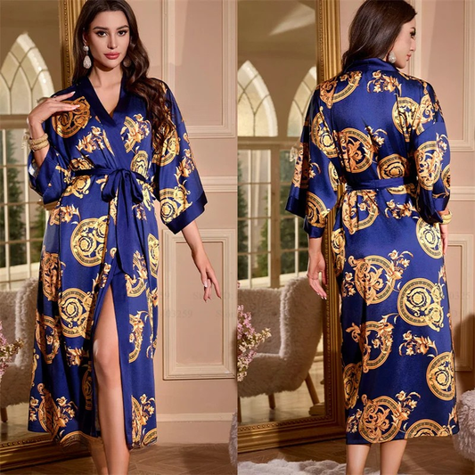 Peignoir Femme Bleu Soie Glacée Cercles Brodés