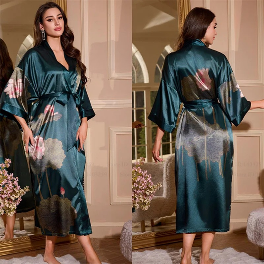 Peignoir Femme Vert Émeraude Soie Glacée Lotus