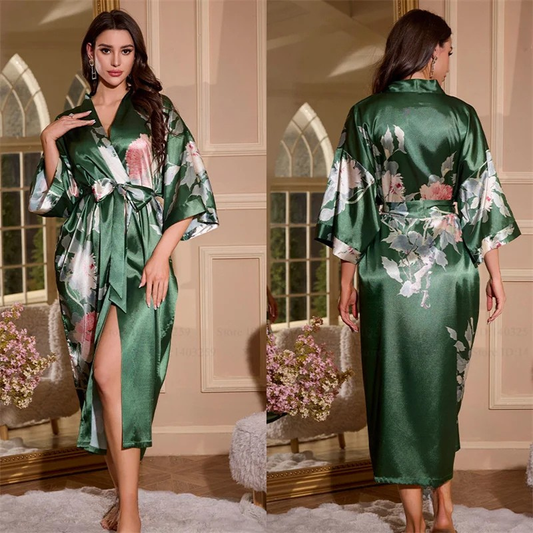 Peignoir Femme Vert Olive Soie Glacée Pivoines Douces