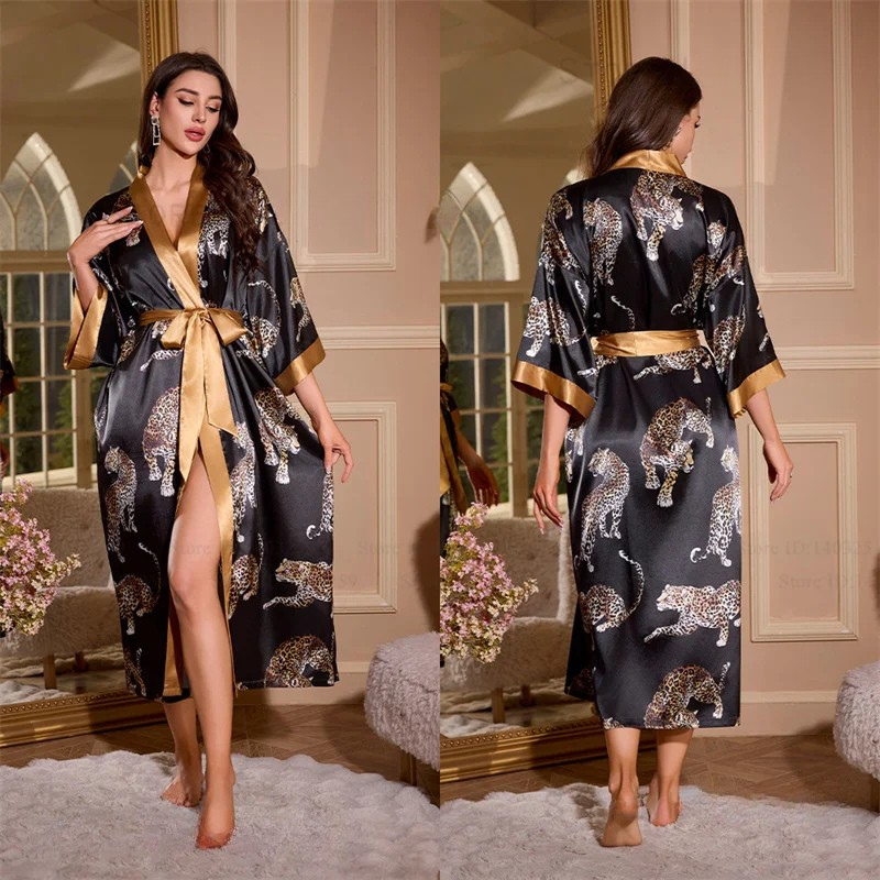 Peignoir Femme Satin/Soie Glacée Léopard