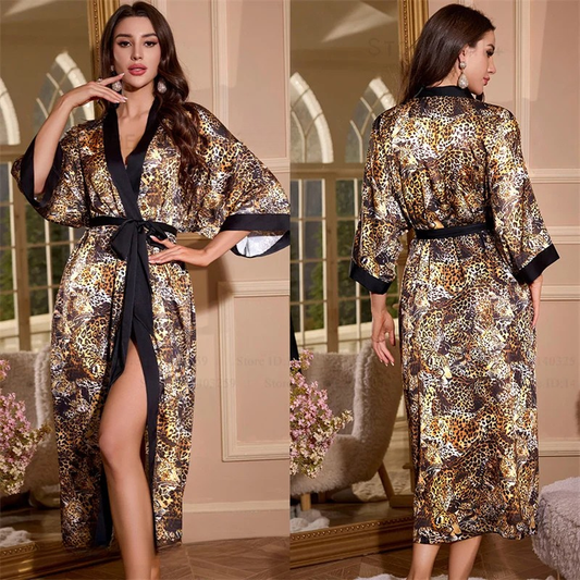 Peignoir Femme Satin/Soie Glacée Léopard
