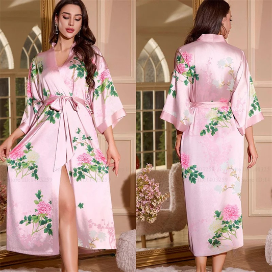 Peignoir Femme Rose Soie Glacée Pivoines Japonaises