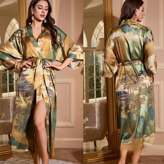 Peignoir Femme Bronze Soie Glacée Temple Japonais