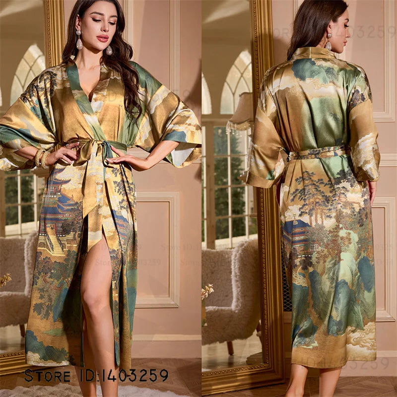 Peignoir long satin rayon soie glacée Femme