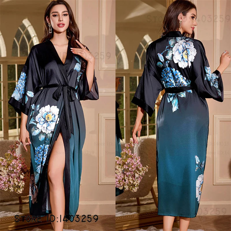 Peignoir long satin rayon soie glacée Femme