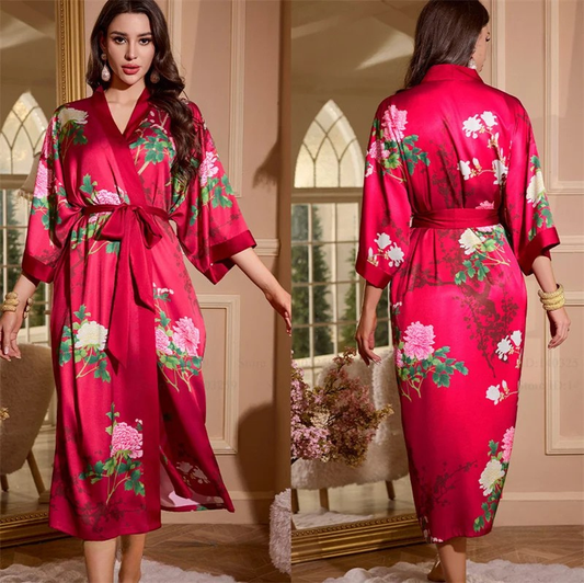 Peignoir Femme Fuschia Soie Glacée Pivoines Japonaises