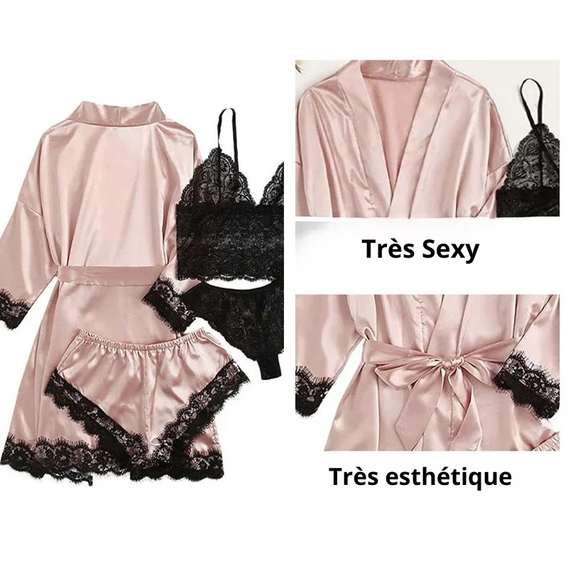 Peignoir Femme Sexy 4 pièces en satin de soie